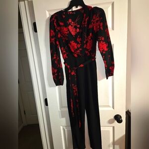 Red Floral Black Jumpsuit
